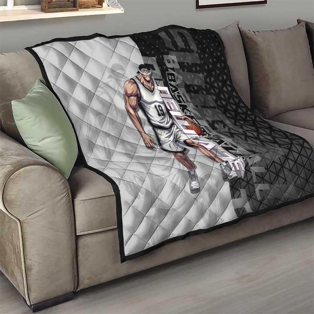 Whitebeard Newgate One Piece Basketball Theme Black and White Design Quilt with Crossed Moustache Emblem and Dominant Pose - The Mazicc