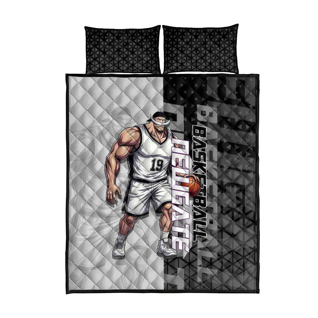 Whitebeard Newgate One Piece Basketball Theme Black and White Design Quilt Bed Set with Crossed Moustache Emblem and Dominant Pose - The Mazicc