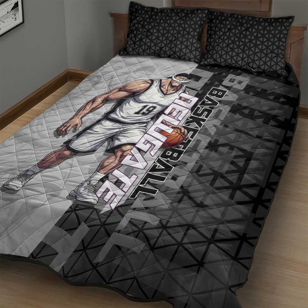 Whitebeard Newgate One Piece Basketball Theme Black and White Design Quilt Bed Set with Crossed Moustache Emblem and Dominant Pose - The Mazicc