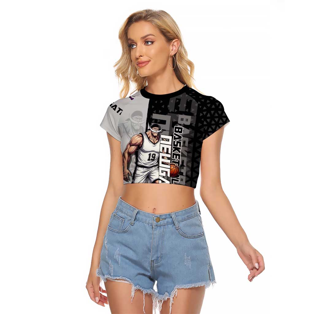 Whitebeard Newgate One Piece Basketball Theme Black and White Design Raglan Cropped T Shirt with Crossed Moustache Emblem and Dominant Pose - The Mazicc