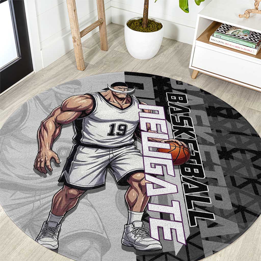 Whitebeard Newgate One Piece Basketball Theme Black and White Design Round Carpet with Crossed Moustache Emblem and Dominant Pose - The Mazicc