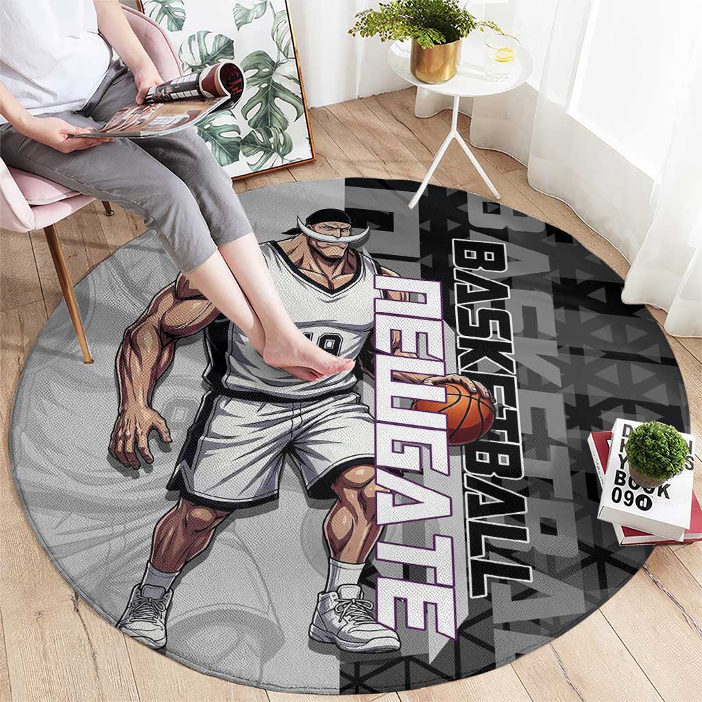 Whitebeard Newgate One Piece Basketball Theme Black and White Design Round Carpet with Crossed Moustache Emblem and Dominant Pose - The Mazicc