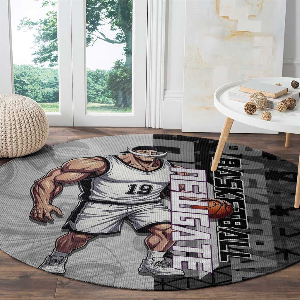 Whitebeard Newgate One Piece Basketball Theme Black and White Design Round Carpet with Crossed Moustache Emblem and Dominant Pose - The Mazicc