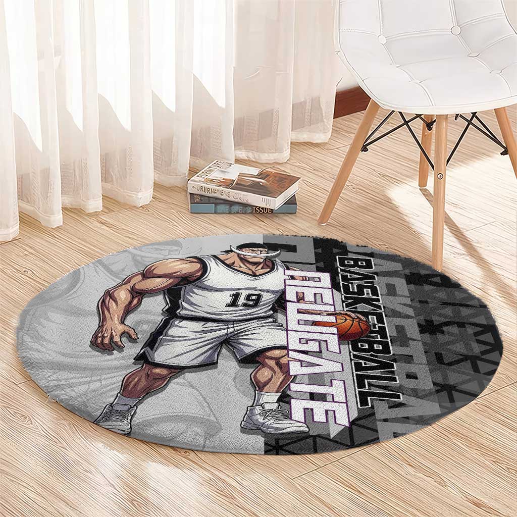 Whitebeard Newgate One Piece Basketball Theme Black and White Design Round Carpet with Crossed Moustache Emblem and Dominant Pose - The Mazicc