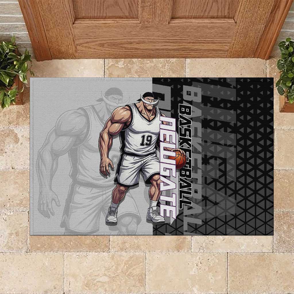 Whitebeard Newgate One Piece Basketball Theme Black and White Design Rubber Doormat with Crossed Moustache Emblem and Dominant Pose - The Mazicc
