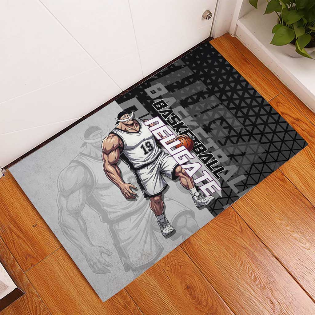 Whitebeard Newgate One Piece Basketball Theme Black and White Design Rubber Doormat with Crossed Moustache Emblem and Dominant Pose - The Mazicc