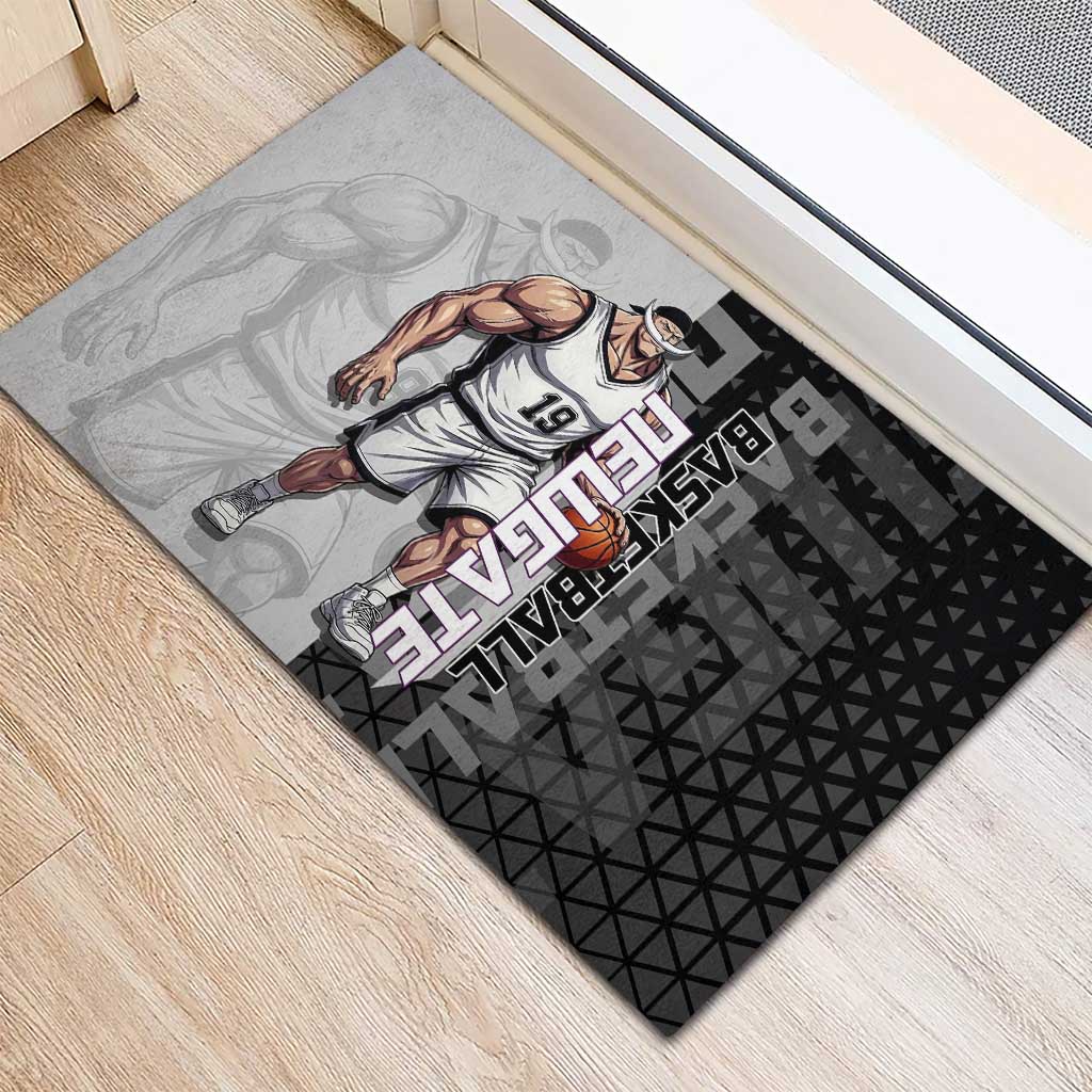 Whitebeard Newgate One Piece Basketball Theme Black and White Design Rubber Doormat with Crossed Moustache Emblem and Dominant Pose - The Mazicc