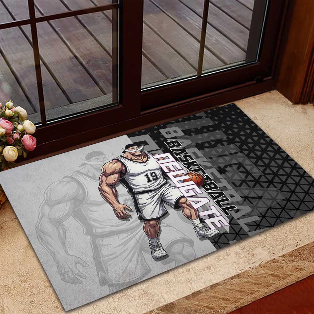 Whitebeard Newgate One Piece Basketball Theme Black and White Design Rubber Doormat with Crossed Moustache Emblem and Dominant Pose - The Mazicc