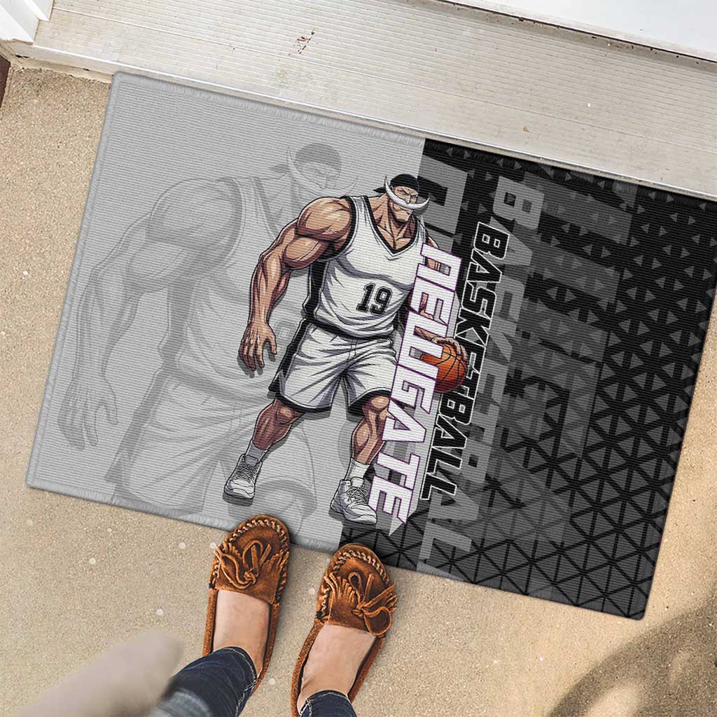Whitebeard Newgate One Piece Basketball Theme Black and White Design Rubber Doormat with Crossed Moustache Emblem and Dominant Pose - The Mazicc