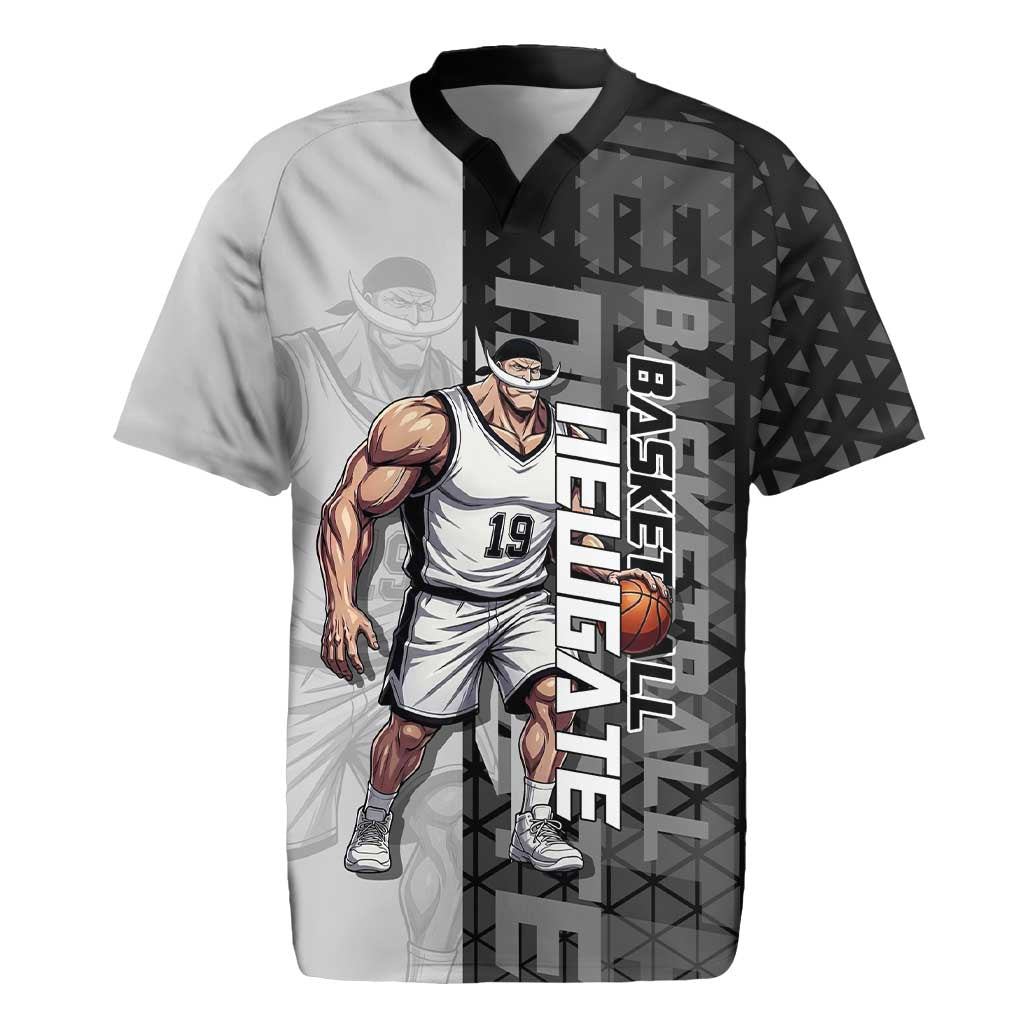 Whitebeard Newgate One Piece Basketball Theme Black and White Design Rugby Jersey with Crossed Moustache Emblem and Dominant Pose - The Mazicc