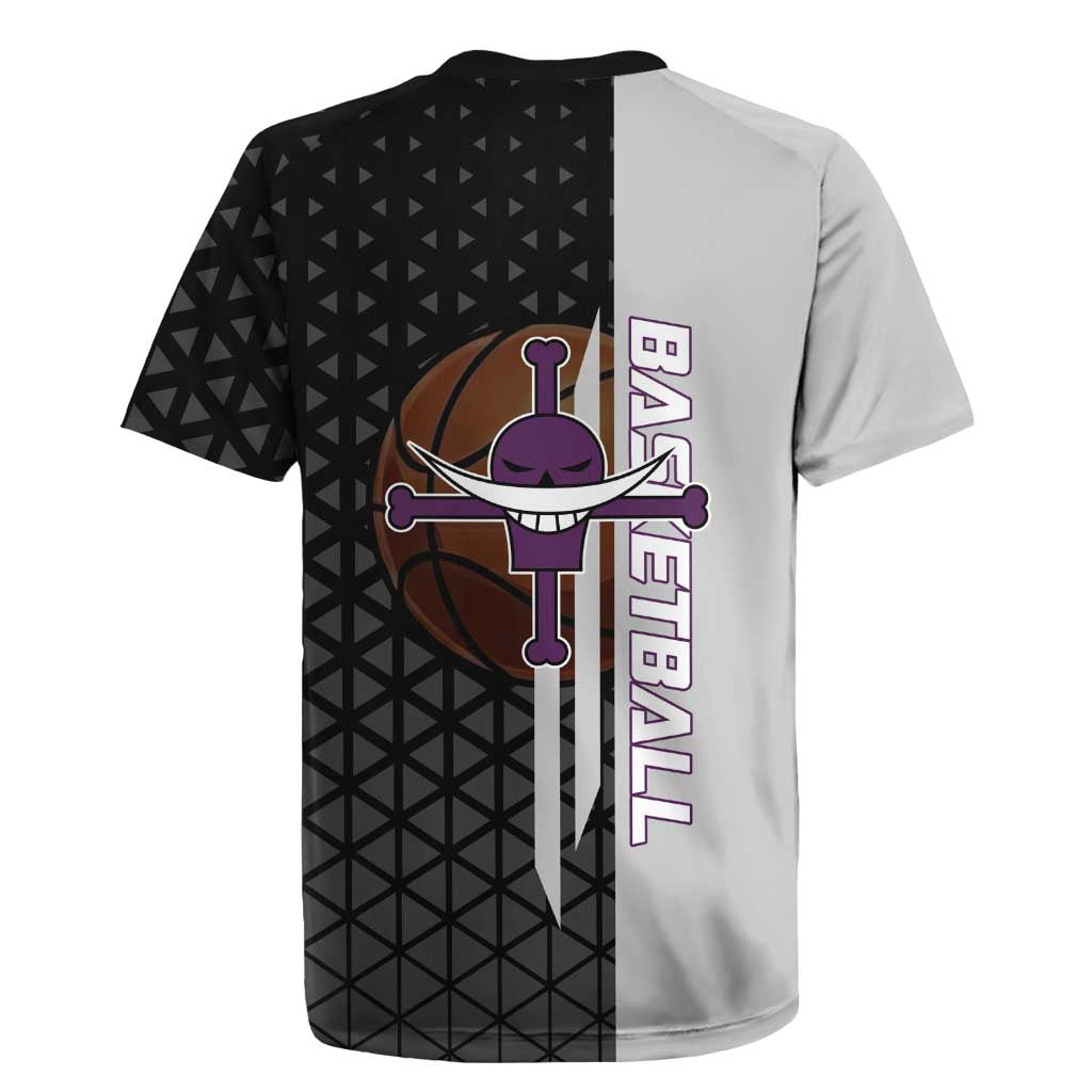 Whitebeard Newgate One Piece Basketball Theme Black and White Design Rugby Jersey with Crossed Moustache Emblem and Dominant Pose - The Mazicc