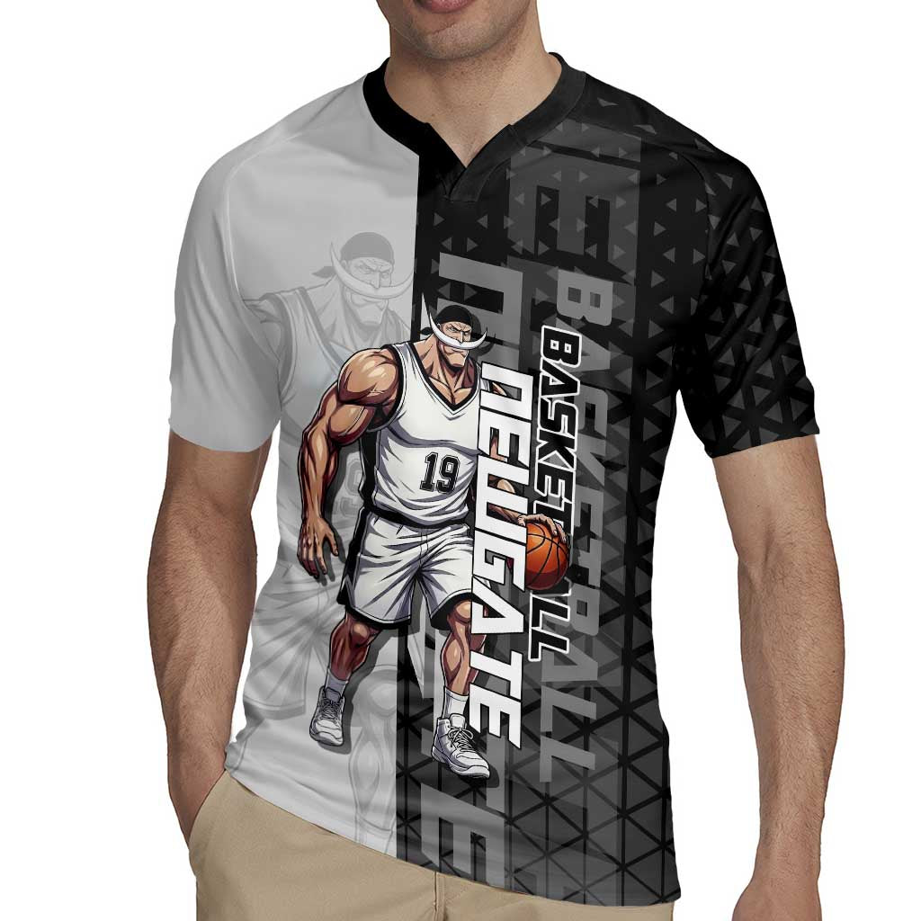 Whitebeard Newgate One Piece Basketball Theme Black and White Design Rugby Jersey with Crossed Moustache Emblem and Dominant Pose - The Mazicc