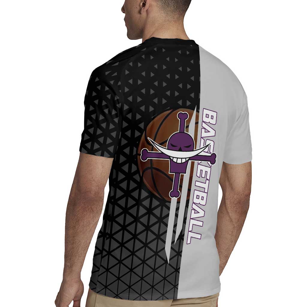 Whitebeard Newgate One Piece Basketball Theme Black and White Design Rugby Jersey with Crossed Moustache Emblem and Dominant Pose - The Mazicc