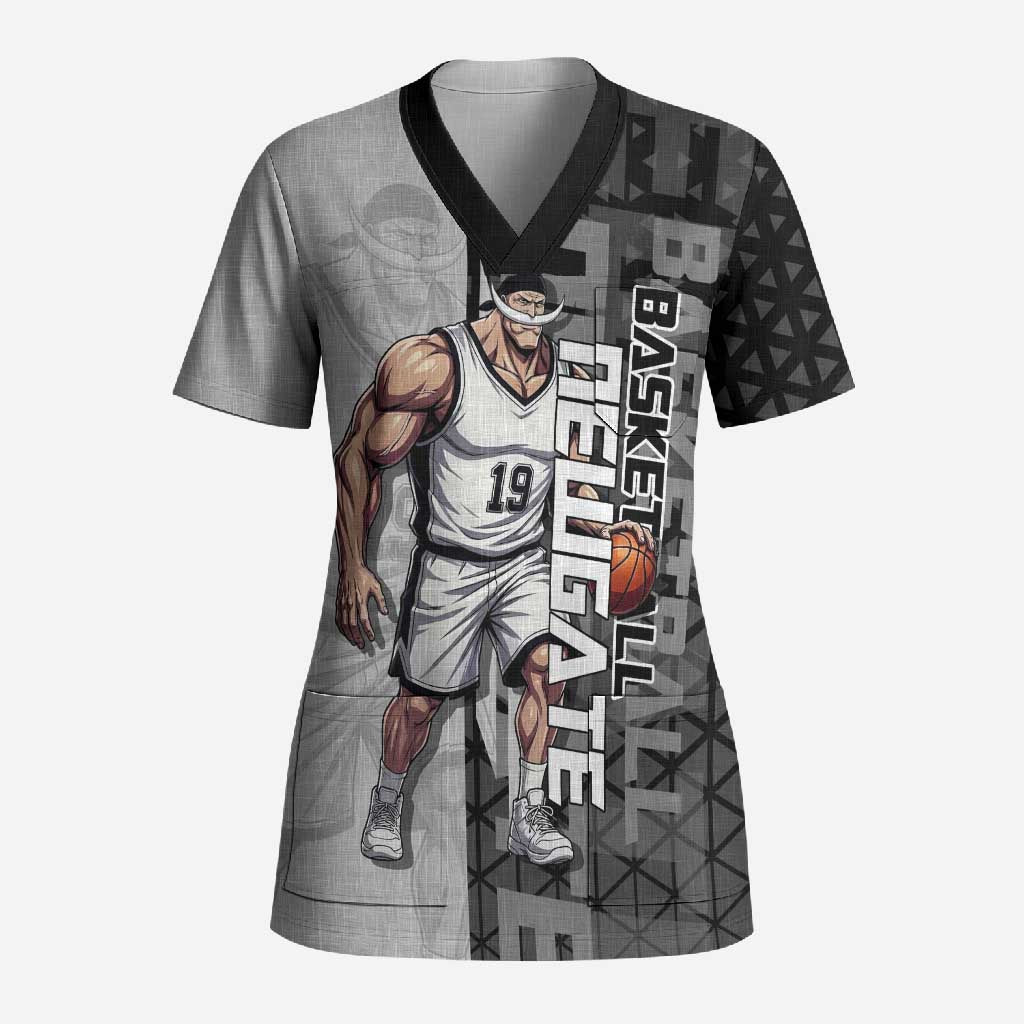 Whitebeard Newgate One Piece Basketball Theme Black and White Design Scrub Top with Crossed Moustache Emblem and Dominant Pose - The Mazicc