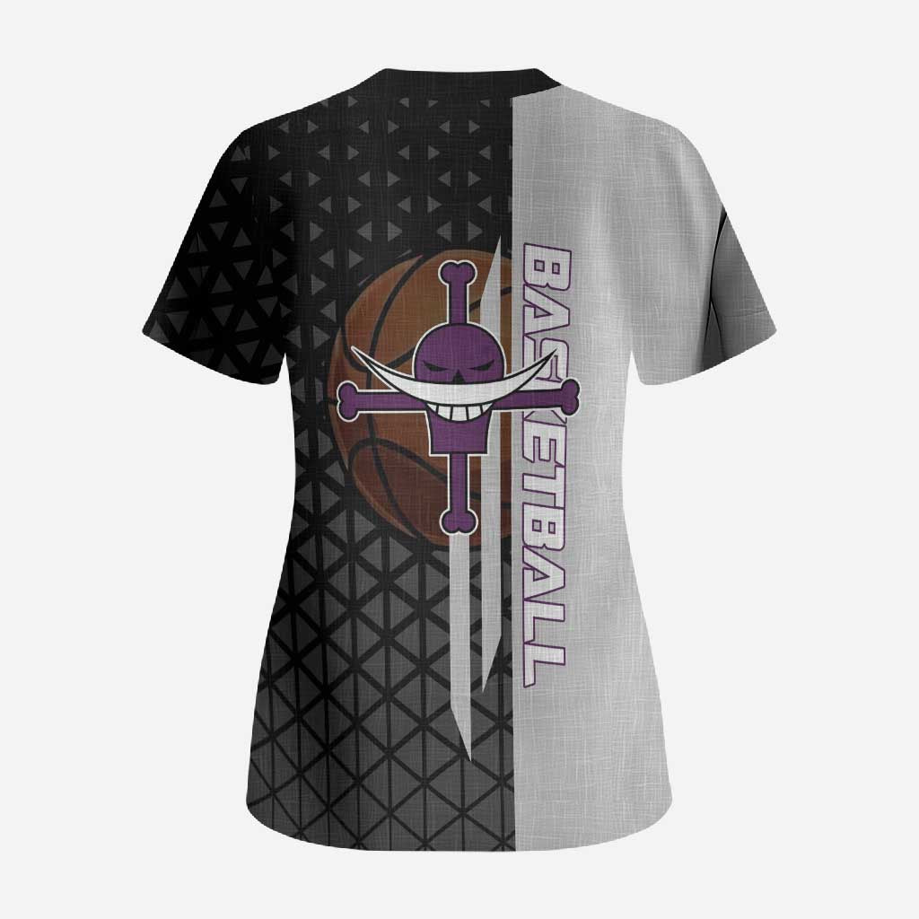 Whitebeard Newgate One Piece Basketball Theme Black and White Design Scrub Top with Crossed Moustache Emblem and Dominant Pose - The Mazicc