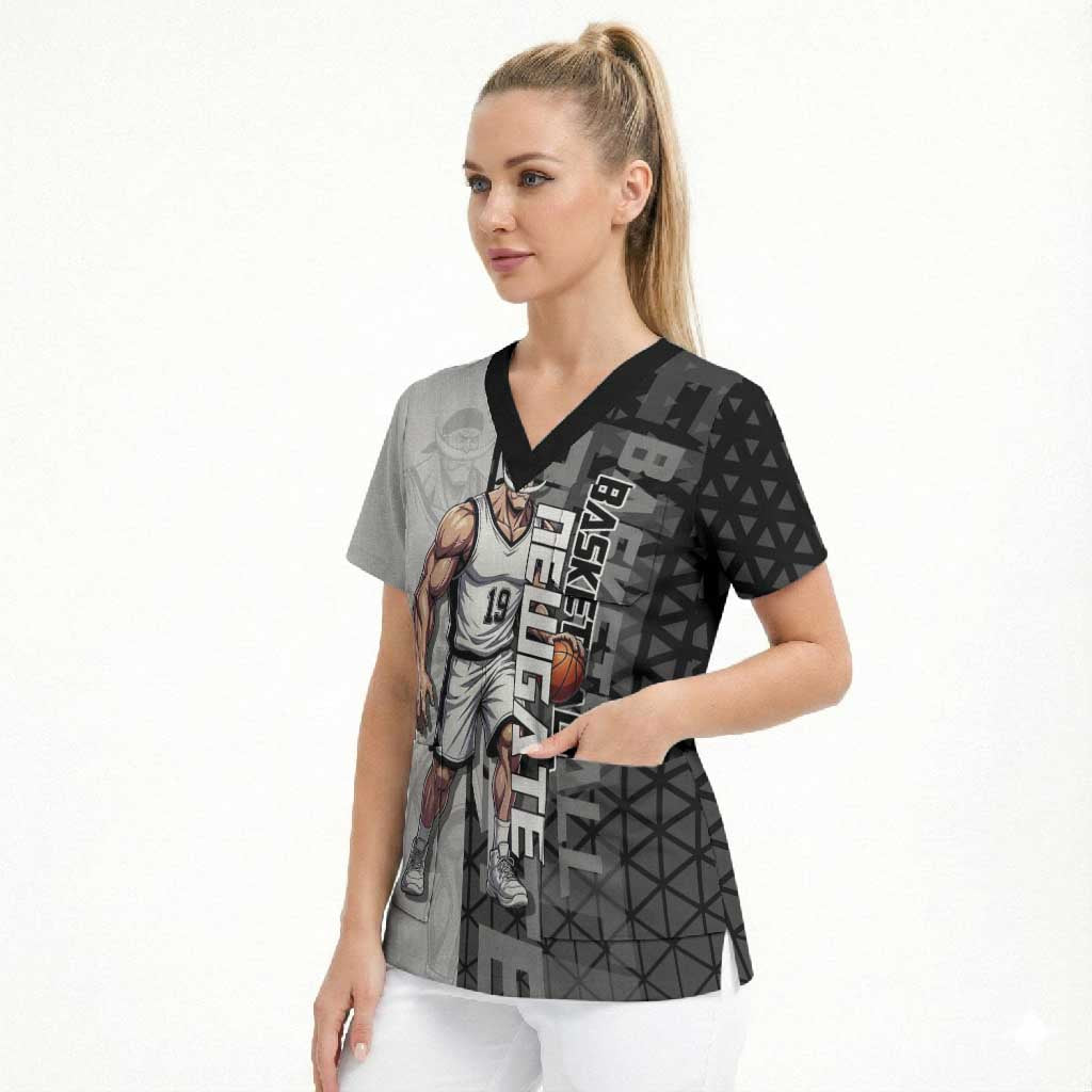 Whitebeard Newgate One Piece Basketball Theme Black and White Design Scrub Top with Crossed Moustache Emblem and Dominant Pose - The Mazicc