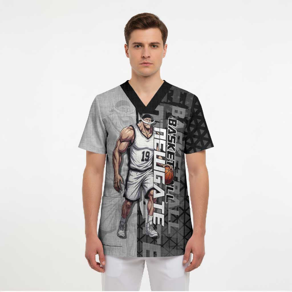 Whitebeard Newgate One Piece Basketball Theme Black and White Design Scrub Top with Crossed Moustache Emblem and Dominant Pose - The Mazicc