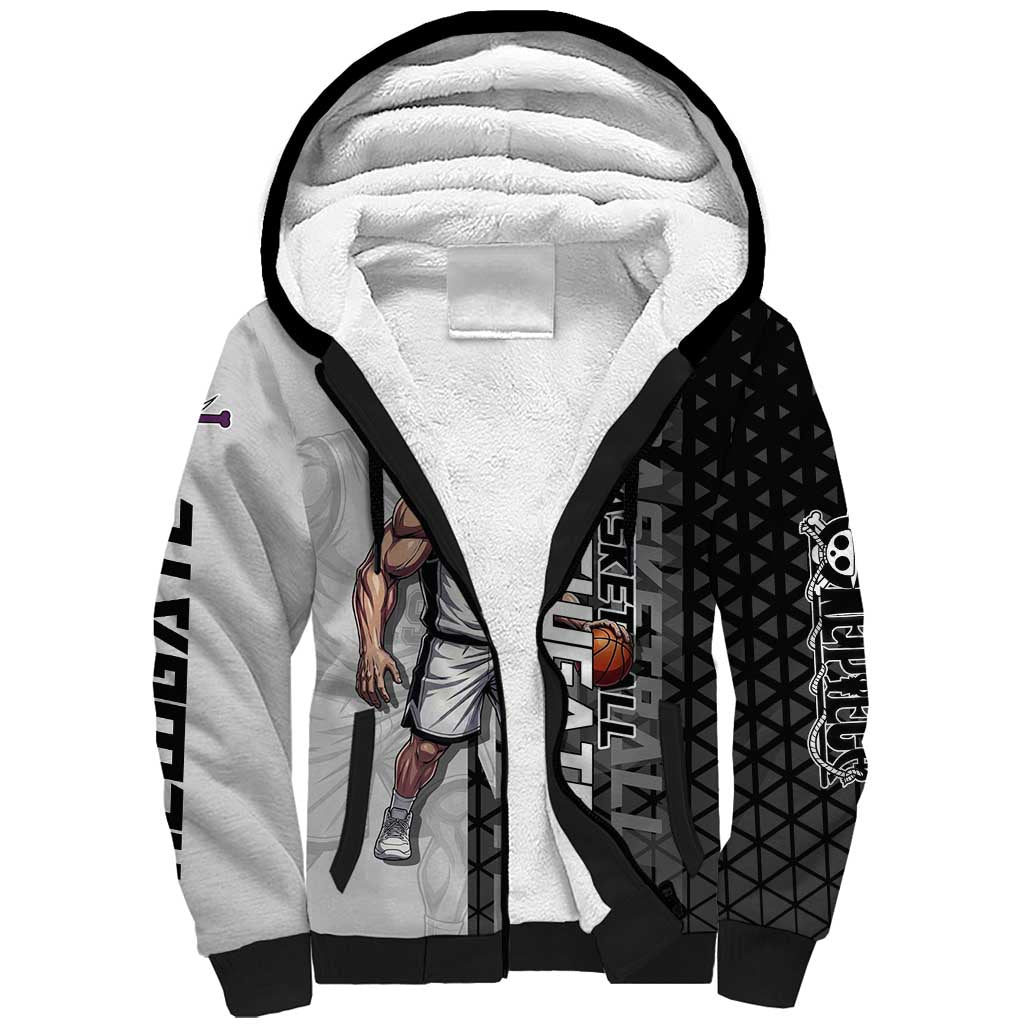 Whitebeard Newgate One Piece Basketball Theme Black and White Design Sherpa Hoodie with Crossed Moustache Emblem and Dominant Pose - The Mazicc