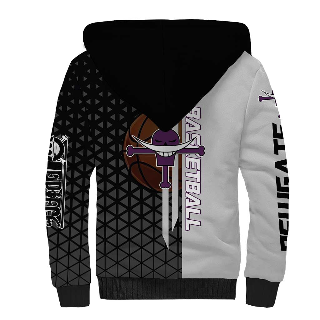 Whitebeard Newgate One Piece Basketball Theme Black and White Design Sherpa Hoodie with Crossed Moustache Emblem and Dominant Pose - The Mazicc