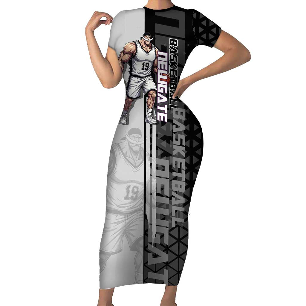 Whitebeard Newgate One Piece Basketball Theme Black and White Design Short Sleeve Bodycon Dress with Crossed Moustache Emblem and Dominant Pose - The Mazicc