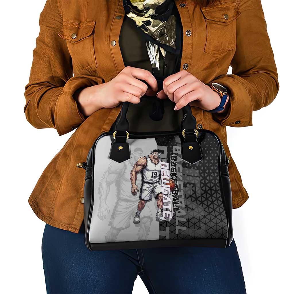 Whitebeard Newgate One Piece Basketball Theme Black and White Design Shoulder Handbag with Crossed Moustache Emblem and Dominant Pose - The Mazicc