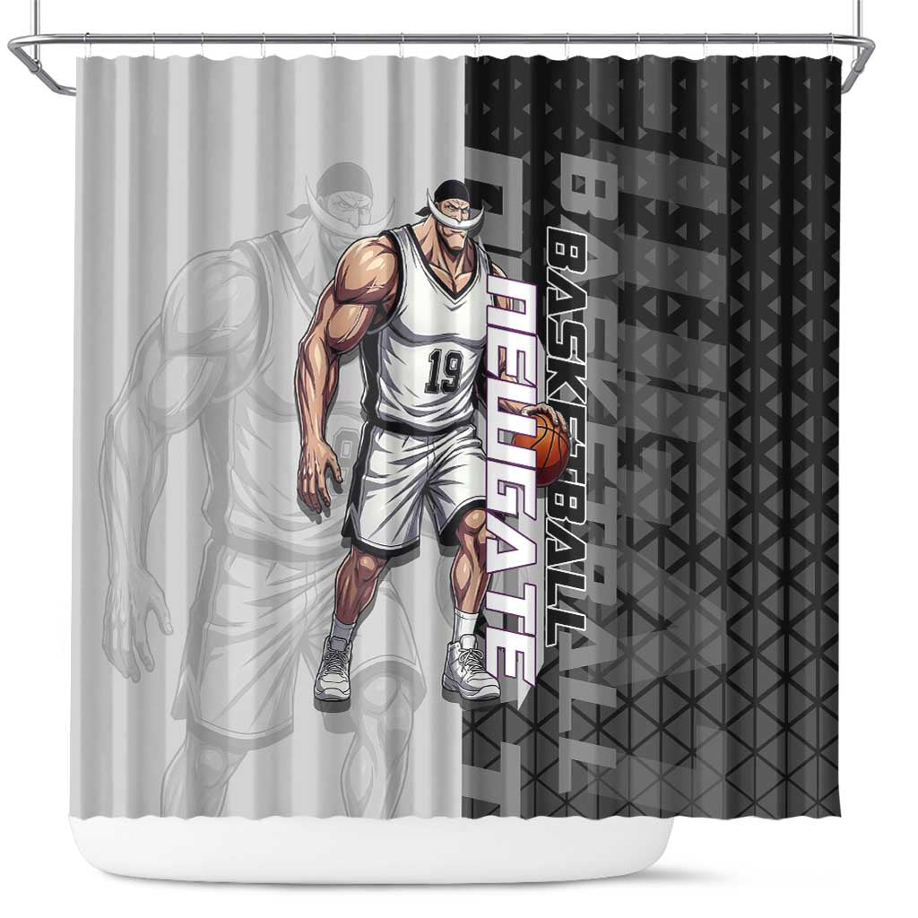 Whitebeard Newgate One Piece Basketball Theme Black and White Design Shower Curtain with Crossed Moustache Emblem and Dominant Pose - The Mazicc