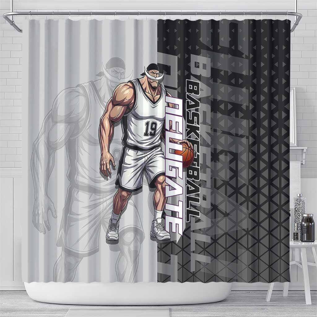 Whitebeard Newgate One Piece Basketball Theme Black and White Design Shower Curtain with Crossed Moustache Emblem and Dominant Pose - The Mazicc
