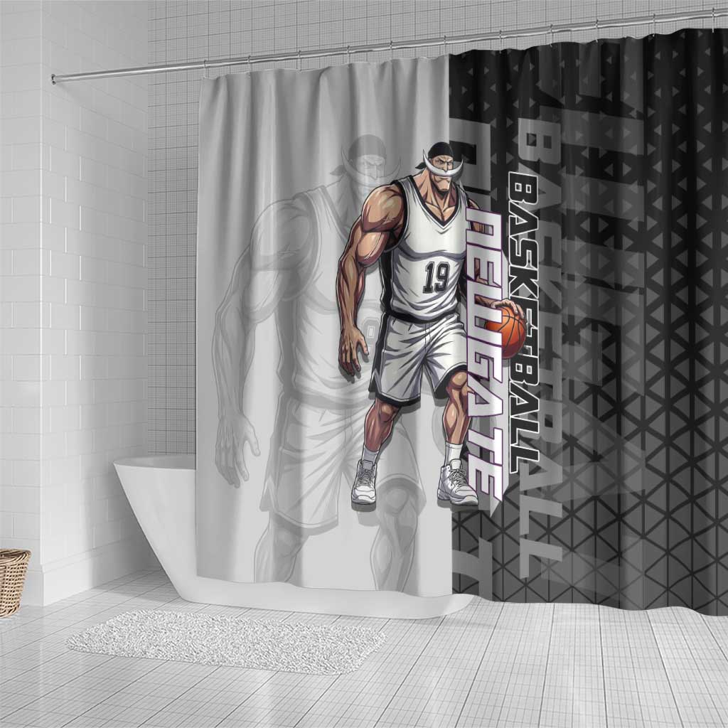 Whitebeard Newgate One Piece Basketball Theme Black and White Design Shower Curtain with Crossed Moustache Emblem and Dominant Pose - The Mazicc