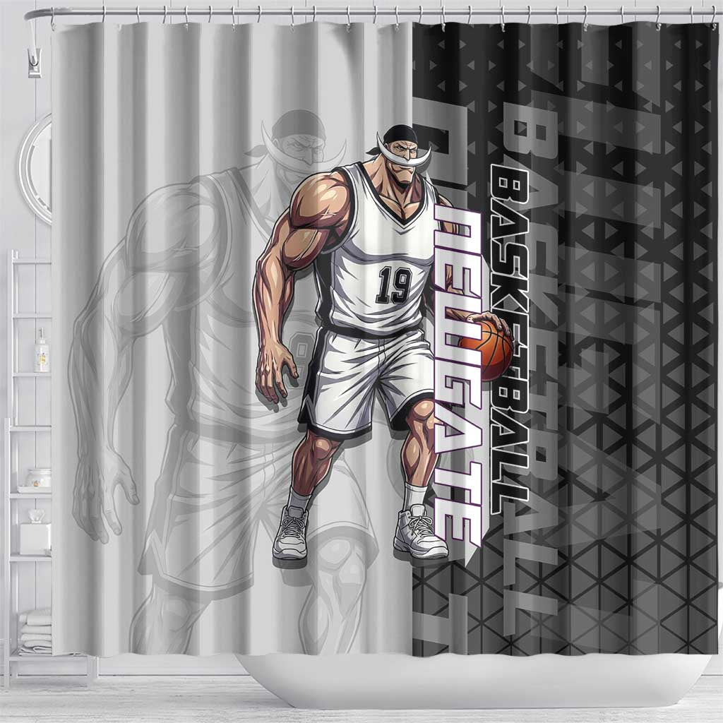 Whitebeard Newgate One Piece Basketball Theme Black and White Design Shower Curtain with Crossed Moustache Emblem and Dominant Pose - The Mazicc