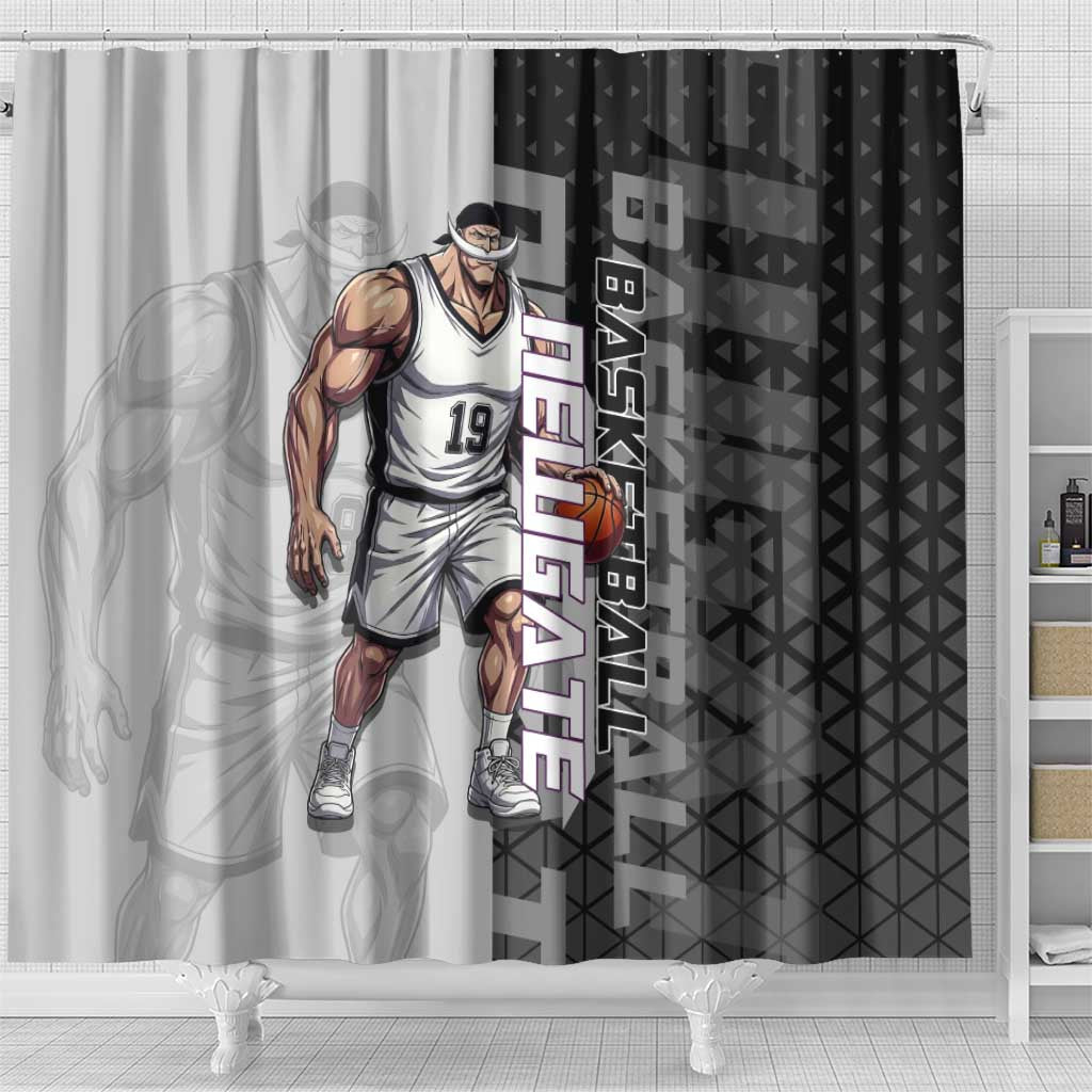 Whitebeard Newgate One Piece Basketball Theme Black and White Design Shower Curtain with Crossed Moustache Emblem and Dominant Pose - The Mazicc