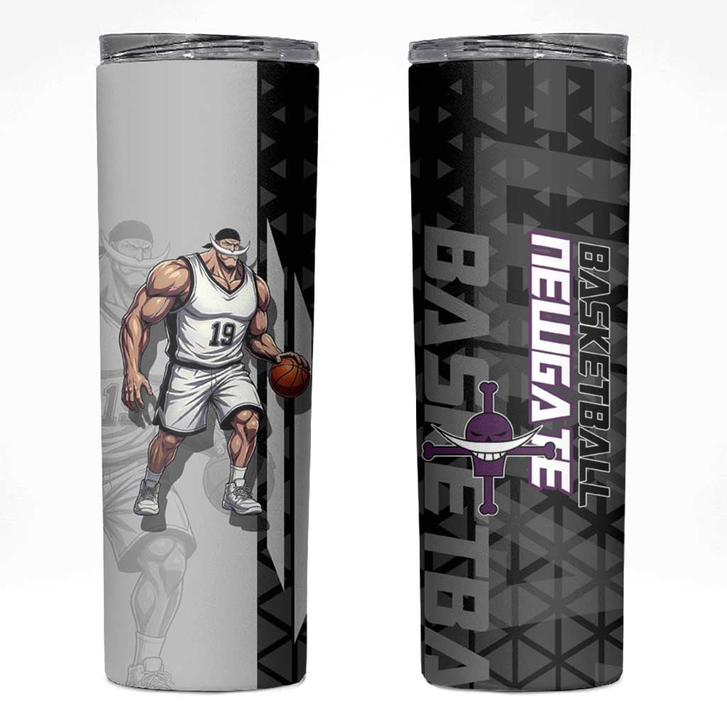 Whitebeard Newgate One Piece Basketball Theme Black and White Design Skinny Tumbler with Crossed Moustache Emblem and Dominant Pose - The Mazicc