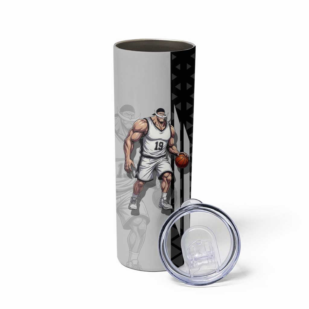 Whitebeard Newgate One Piece Basketball Theme Black and White Design Skinny Tumbler with Crossed Moustache Emblem and Dominant Pose - The Mazicc