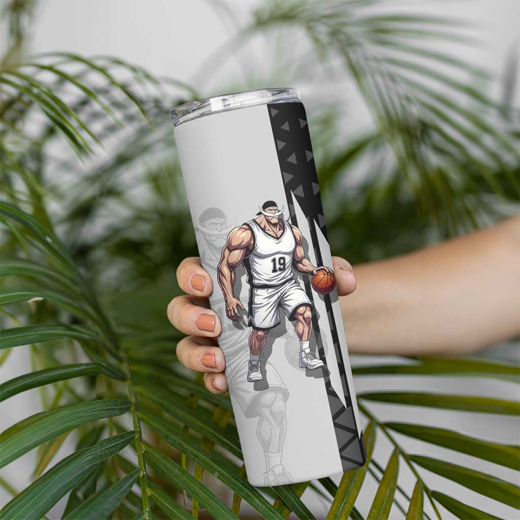 Whitebeard Newgate One Piece Basketball Theme Black and White Design Skinny Tumbler with Crossed Moustache Emblem and Dominant Pose - The Mazicc