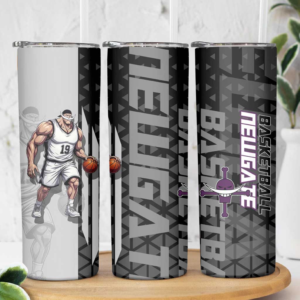 Whitebeard Newgate One Piece Basketball Theme Black and White Design Skinny Tumbler with Crossed Moustache Emblem and Dominant Pose - The Mazicc