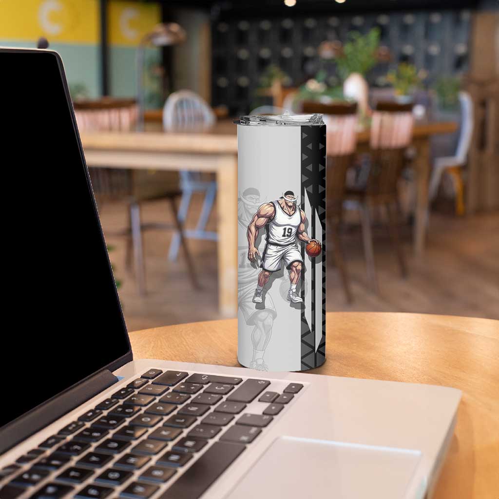 Whitebeard Newgate One Piece Basketball Theme Black and White Design Skinny Tumbler with Crossed Moustache Emblem and Dominant Pose - The Mazicc