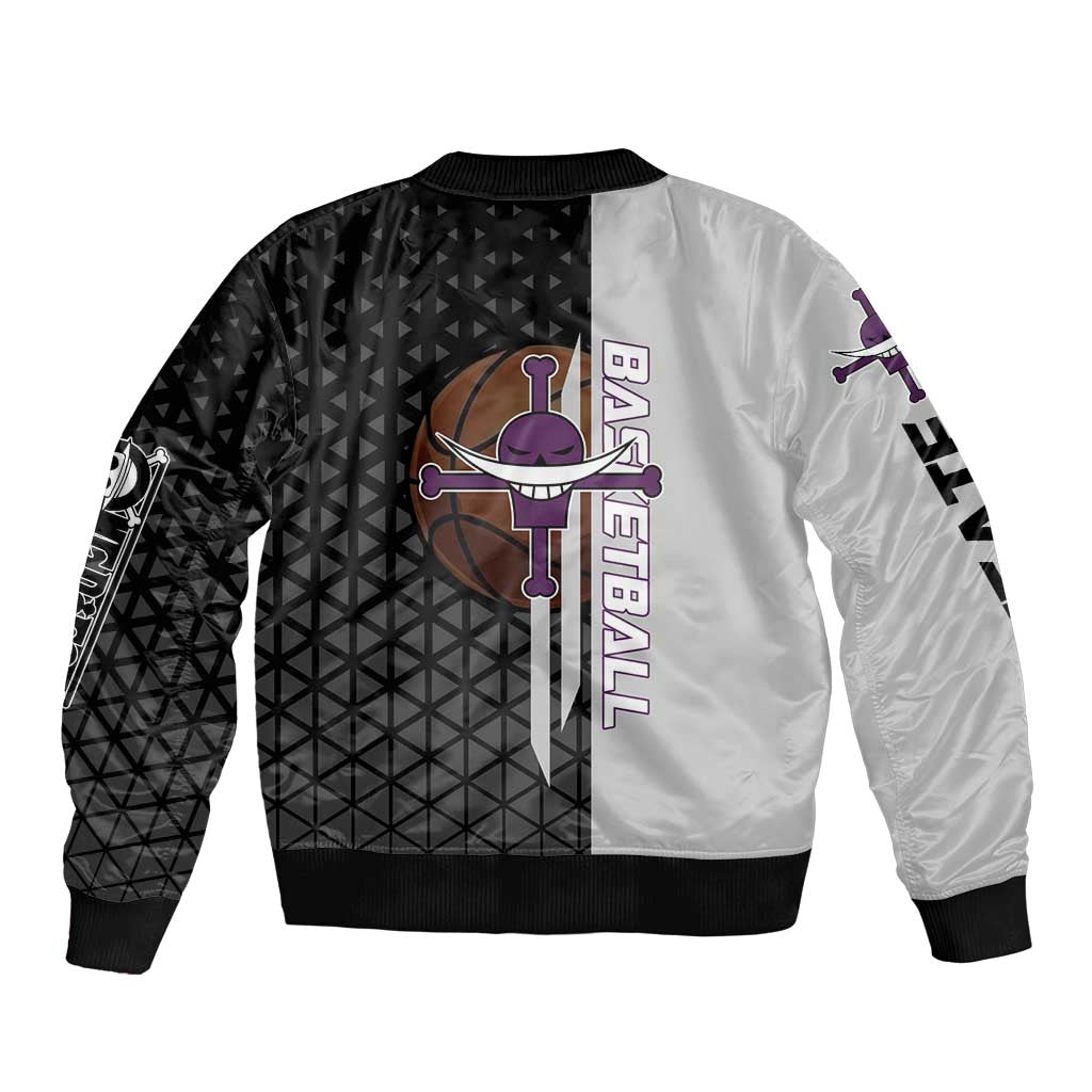 Whitebeard Newgate One Piece Basketball Theme Black and White Design Sleeve Zip Bomber Jacket with Crossed Moustache Emblem and Dominant Pose - The Mazicc