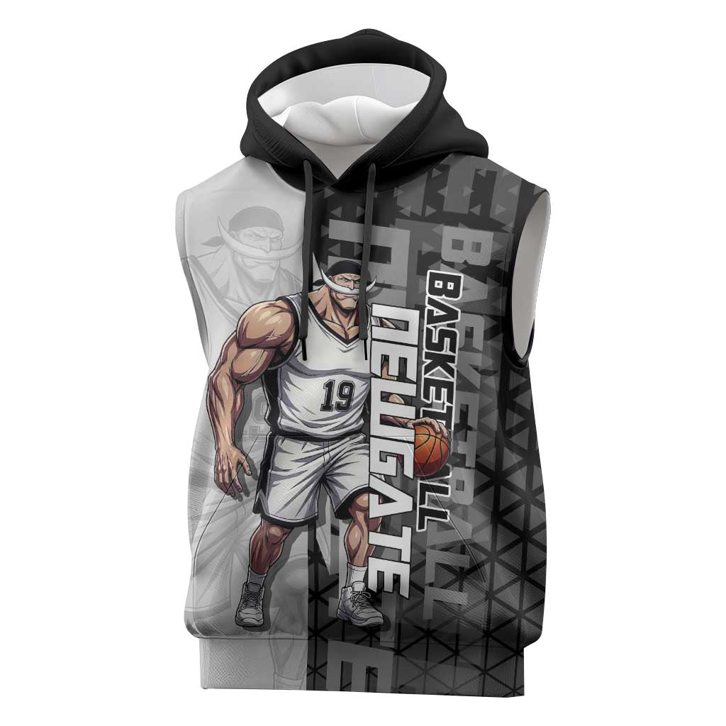 Whitebeard Newgate One Piece Basketball Theme Black and White Design Sleeveless Hoodie with Crossed Moustache Emblem and Dominant Pose - The Mazicc