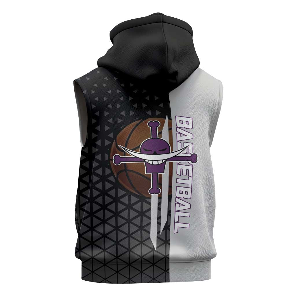 Whitebeard Newgate One Piece Basketball Theme Black and White Design Sleeveless Hoodie with Crossed Moustache Emblem and Dominant Pose - The Mazicc