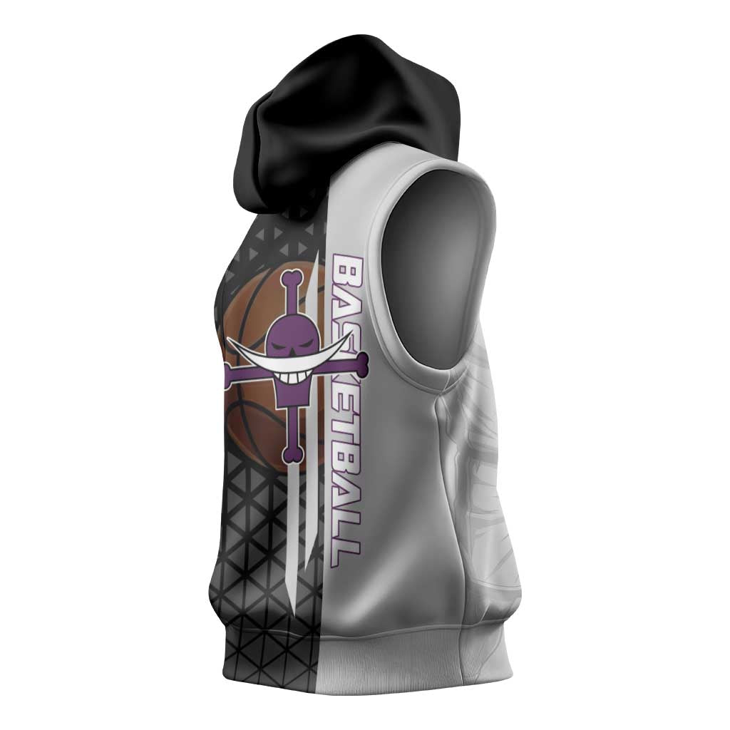 Whitebeard Newgate One Piece Basketball Theme Black and White Design Sleeveless Hoodie with Crossed Moustache Emblem and Dominant Pose - The Mazicc