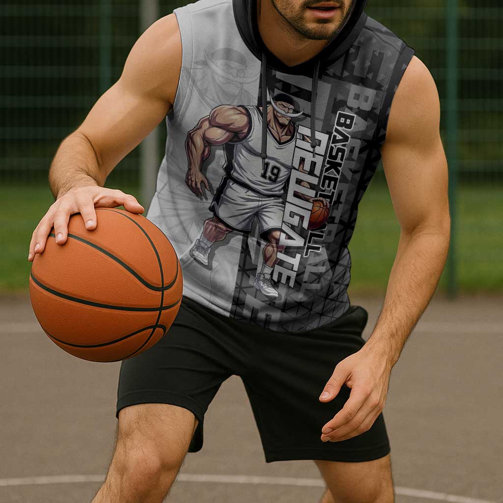 Whitebeard Newgate One Piece Basketball Theme Black and White Design Sleeveless Hoodie with Crossed Moustache Emblem and Dominant Pose - The Mazicc