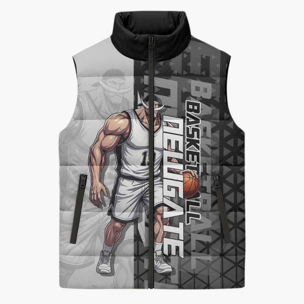 Whitebeard Newgate One Piece Basketball Theme Black and White Design Sleeveless Puffer Jacket with Crossed Moustache Emblem and Dominant Pose - The Mazicc