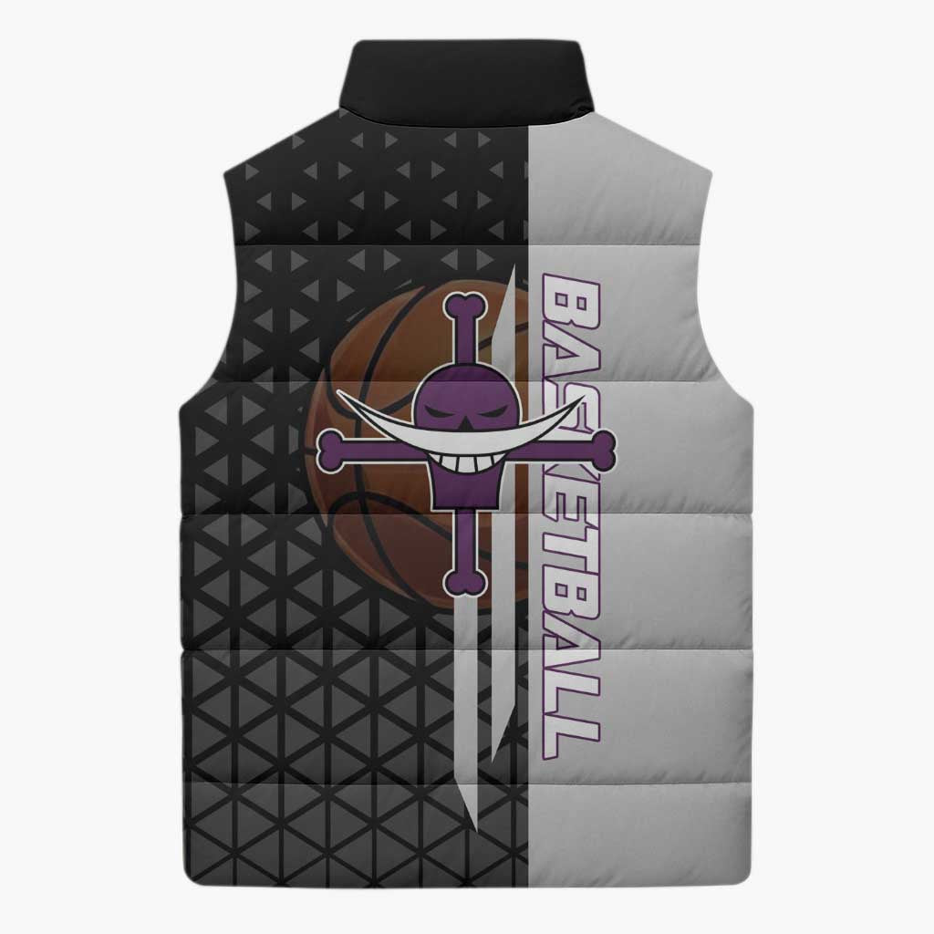 Whitebeard Newgate One Piece Basketball Theme Black and White Design Sleeveless Puffer Jacket with Crossed Moustache Emblem and Dominant Pose - The Mazicc