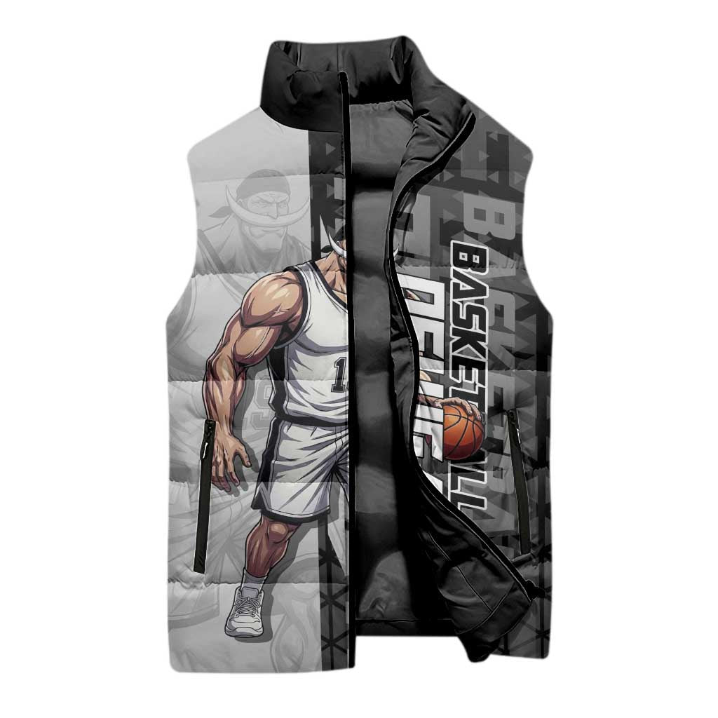 Whitebeard Newgate One Piece Basketball Theme Black and White Design Sleeveless Puffer Jacket with Crossed Moustache Emblem and Dominant Pose - The Mazicc