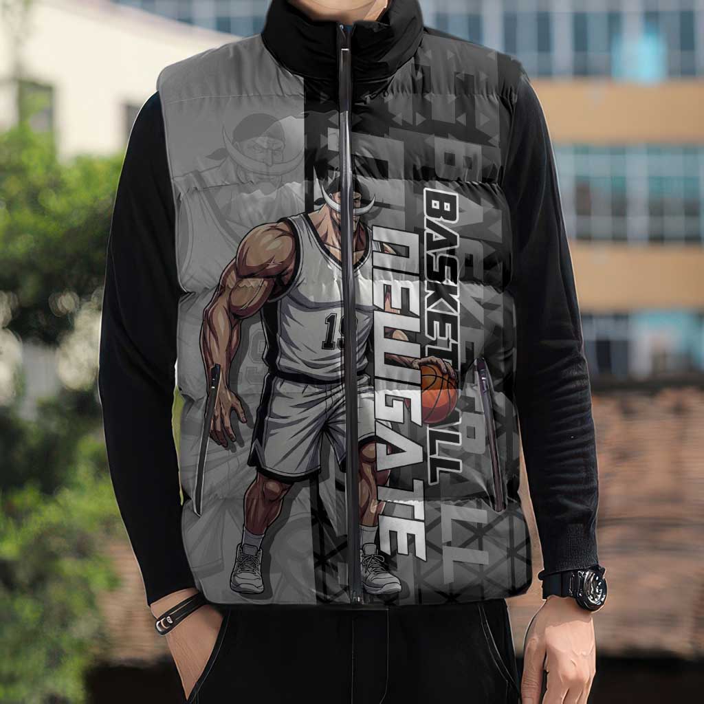 Whitebeard Newgate One Piece Basketball Theme Black and White Design Sleeveless Puffer Jacket with Crossed Moustache Emblem and Dominant Pose - The Mazicc