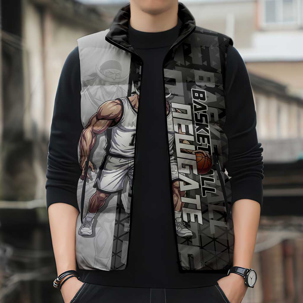 Whitebeard Newgate One Piece Basketball Theme Black and White Design Sleeveless Puffer Jacket with Crossed Moustache Emblem and Dominant Pose - The Mazicc