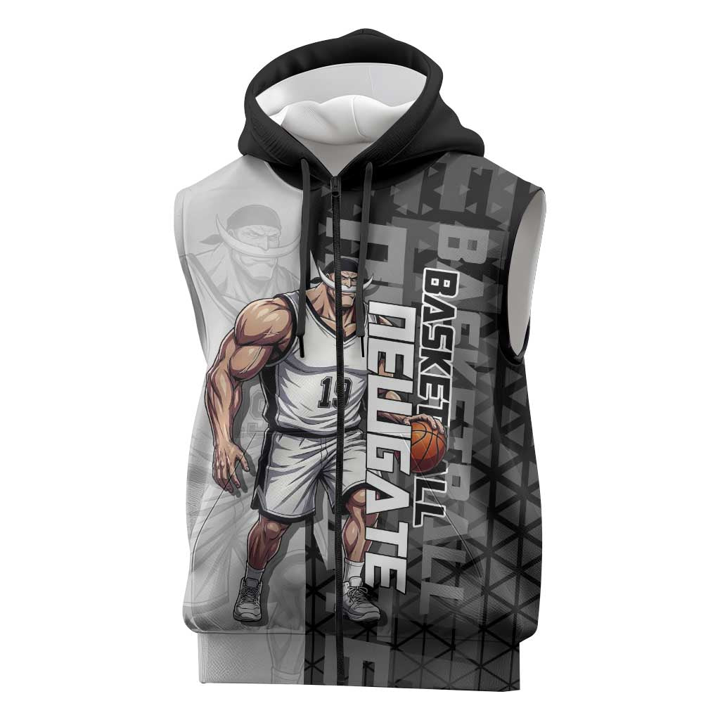 Whitebeard Newgate One Piece Basketball Theme Black and White Design Sleeveless Zip Hoodie with Crossed Moustache Emblem and Dominant Pose - The Mazicc