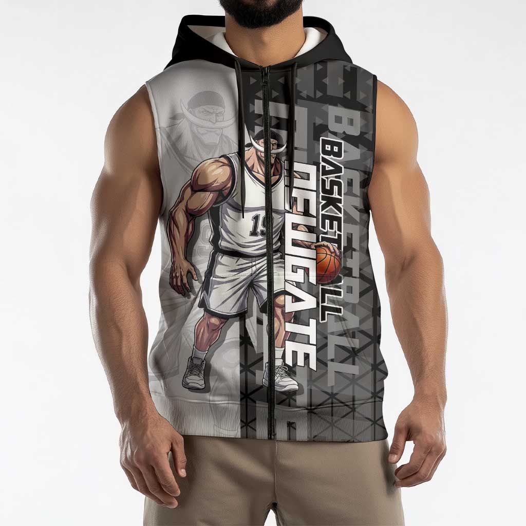 Whitebeard Newgate One Piece Basketball Theme Black and White Design Sleeveless Zip Hoodie with Crossed Moustache Emblem and Dominant Pose - The Mazicc