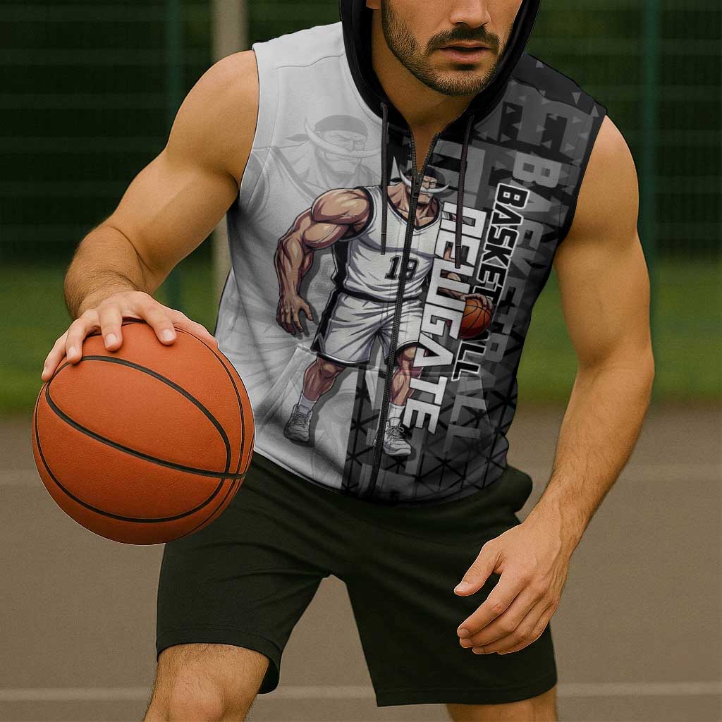 Whitebeard Newgate One Piece Basketball Theme Black and White Design Sleeveless Zip Hoodie with Crossed Moustache Emblem and Dominant Pose - The Mazicc