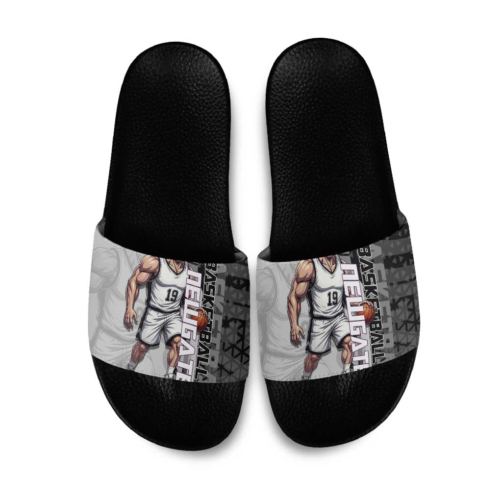 Whitebeard Newgate One Piece Basketball Theme Black and White Design Slide Sandals with Crossed Moustache Emblem and Dominant Pose - The Mazicc