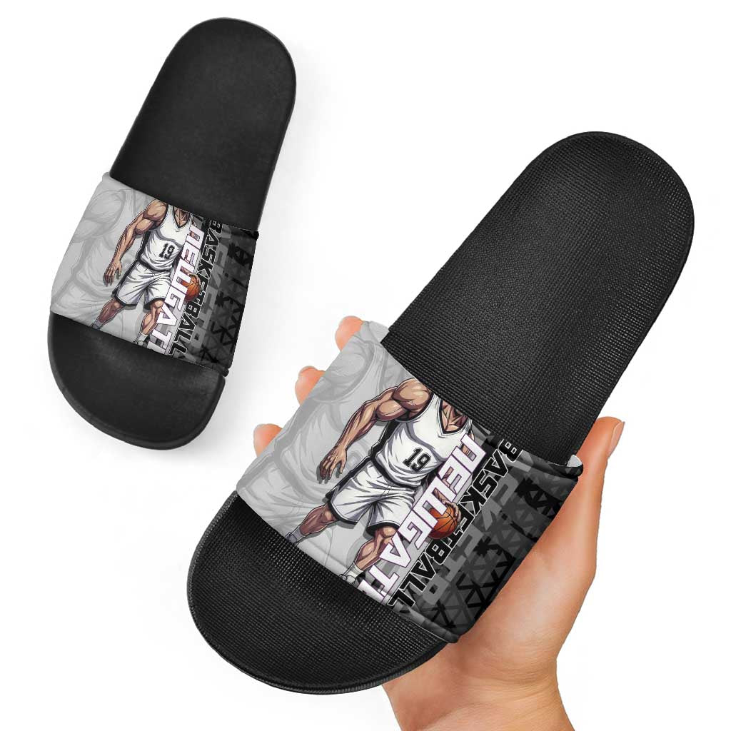 Whitebeard Newgate One Piece Basketball Theme Black and White Design Slide Sandals with Crossed Moustache Emblem and Dominant Pose - The Mazicc